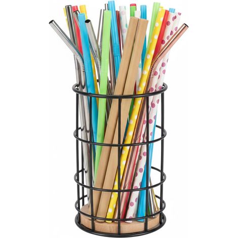 Ce porte-paille convient aux comptoirs de bar, aux portes de placards et aux placards de cuisine. Il est en métal avec une base en bois, a un design cylindrique et est noir. Il peut être utilisé pour (1/5)