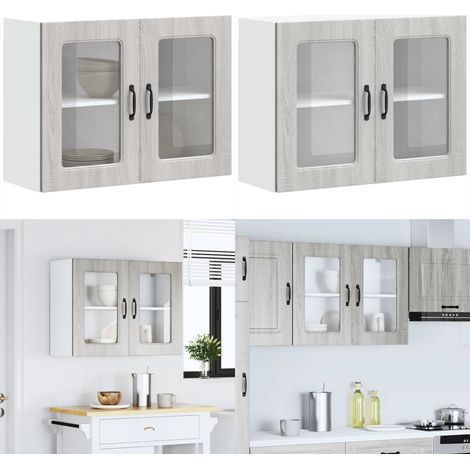 Armario de cocina de pared con puerta de cristal "Kalmar" de, madera de ingeniería Sonoma gris - Armario de pared - Almacenamiento de cocina