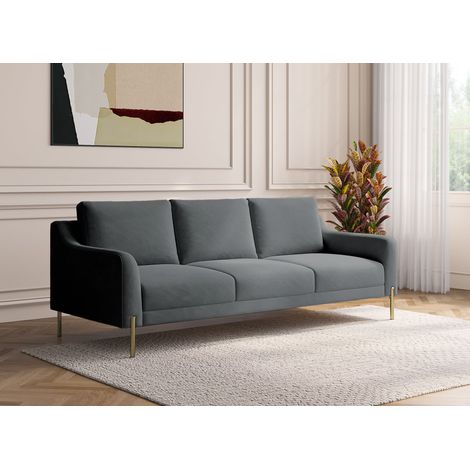 Deco in paris canape droit 3 places en velours gris dimensions 228x92x86 cm assise rebondie et dossier moelleux pieds en laiton elegant (1/5)