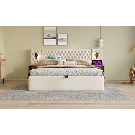 Letto contenitore matrimoniale in velluto beige 160x200 cm con 2 comodini, luci lettura LED, USB/Type-C, rete e materasso inclusi (1/5)
