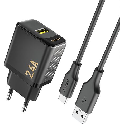 USB-A-Wandladegerät mit USB-A- und USB-C-2,4-A-GaN-Kabel – Schwarz