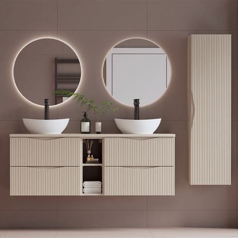 Conjunto mueble lavabo doble 140cm 2 compartimientos y columna Tao Cachemira (1/4)