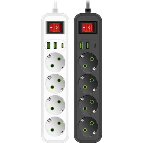 Multiprise en deux parties avec 4 prises, interrupteur, fiche plate, bloc de 4 prises, rallonge de 2 m, port USB, 230 V, noir et blanc (1/4)