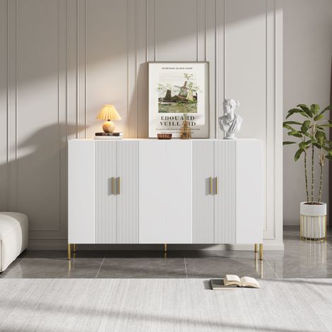 Buffet 160x36,5x100 cm en panneaux de particules blanc, 4 portes, gain de place – MEUBLIV (1/5)