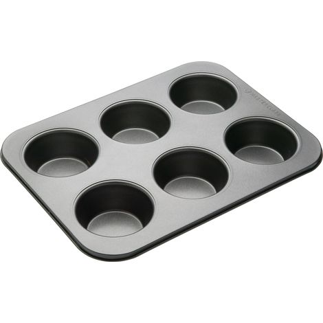MasterClass Bandeja honda para magdalenas/plato para budín de Yorkshire, molde de 6 agujeros con antiadherente sin PTFE, PFOA ni BPA, robusto acero al carbono de 1 mm, gris, 35 x 26 cm