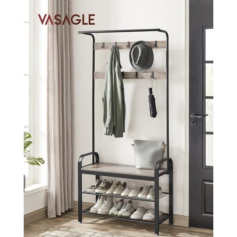 VASAGLE Appendiabiti con Scarpiera, Mobile da Ingresso con Panca, 4 in 1, 9 Ganci Rimovibili, Barra Attaccapanni, Entrata Corridoio, 33,7 x 84 x 183 cm, Industriale, Greige e Nero (1/5)
