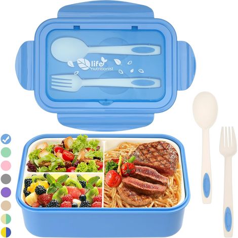 Lunch Box, Boîte à Déjeuner en Plastique pour Enfant Adulte, Boîte à Repas avec Trois Compartiments et Couverts(Fourchette et Cuillère) (rose) (1/5)