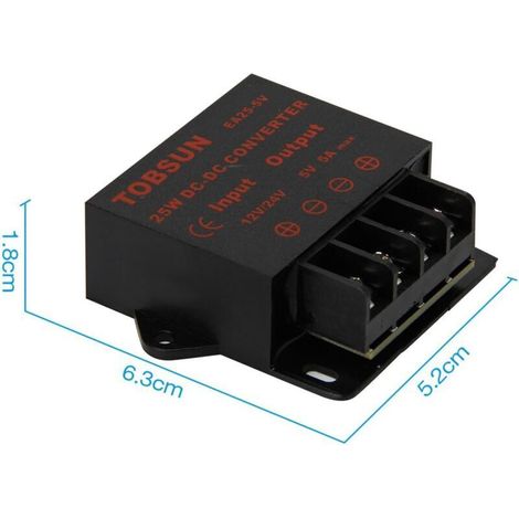 Convertisseur d'alimentation CC/CC 12V/24V vers 5V 5A 25W, convertisseur abaisseur de tension réglable pour écrans LED, automobiles, alimentation électrique, etc. (1/3)