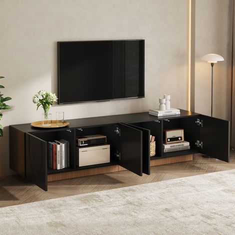 TKOPY - Meuble tv noir - meuble tv 170 cm longueur - meuble tv noir et bois - table television salon - meuble tv avec rangement - meuble salon - conception en arc - avec porte de placard (1/5)