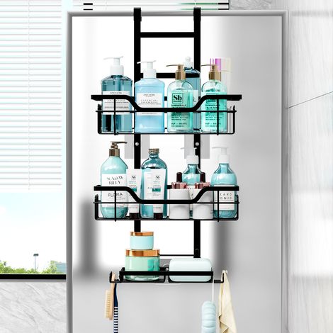 Porte-Organisateur de Porte de Salle de Bain à 3 Niveaux - Rangement Suspendu en Métal Noir, Sans Perçage, avec Crochets, pour Shampoing, Gel Douche, Produits de Beauté et Accessoires