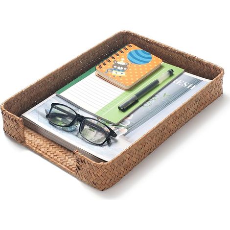 Bac à courrier tissé en jonc de mer pour dossiers A4 - Panier de rangement pour dossiers, courriers, documents, magazines (1/5)