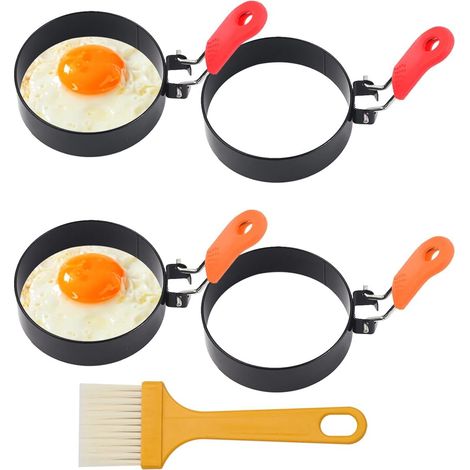 Lot de 4 Anneaux Oeuf,Acier Inoxydable,Silicone,Poignée Pliable,Anti-Brûlure,Cuisine