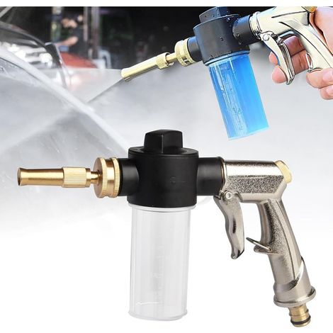 Tuyau d'arrosage avec réservoir, pistolet pulvérisateur, buse à mousse, distributeur de savon, pistolet pulvérisateur pour arrosage, lavage de voiture et nettoyage des animaux. (1/5)