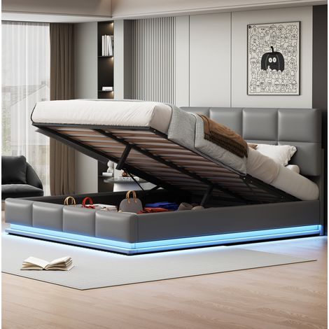 Cama tapizada 180/200 cm gris cemento de piel sintética con LED y canapé abatible (1/5)