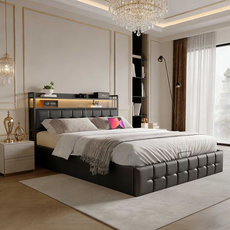 Letto contenitore 140x200 cm con LED RGB e USB-C, letto matrimoniale imbottito, rete a doghe, contenitore pneumatico nero