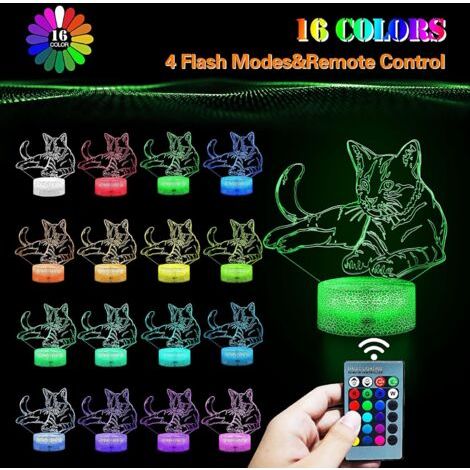 Veilleuse Veilleuse Chat 3D LED Lampe Optique Illusion Veilleuse Enfant Lampe de Chevet Table Bureau Cadeaux Pour Filles Garçons 16 Couleurs avec Télécommande-RAPANDA (1/3)