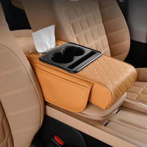 Cuscino per bracciolo auto, copertura per console centrale 5 in 1 con 2 scomparti portaoggetti, portabicchiere, porta fazzoletti, scomparto per cellulare per berline, accessorio per auto (1/4)