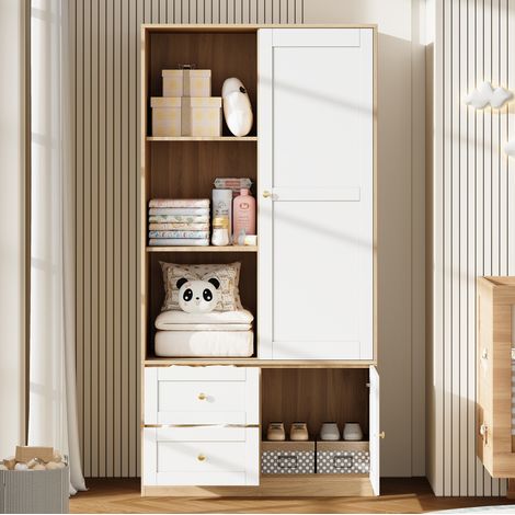 Armario ropero corredero, 90x50x180 cm, con barra para colgar y 2 cajones, MDF, blanco natural (1/5)