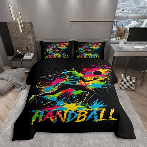 Parure de lit avec housse de couette 135 x 200 cm - Motif : silhouette de handball vivant - Thème sportif cool - Pour enfants adolescents - Motif graffiti d'encre colorée - Style dynamique (1/5)