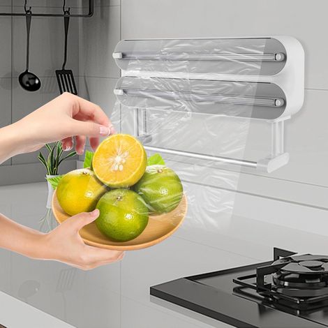 3-in-1 Küchenrollenhalter Wand, Frischhaltefolienspender mit Klebehaken-Aufkleber Folienspender für Frischhaltefolie Alufolie Backpapier und Küchenpapier (Grau)