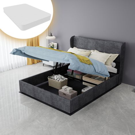 Lit capitonné moderne et minimaliste avec tête de lit douce et confortable, 140 x 200 cm, gris, meuble de chambre multifonctionnel, sommier coffre haut avec vérin à gaz, matelas 140 x 200 cm inclus (1/5)