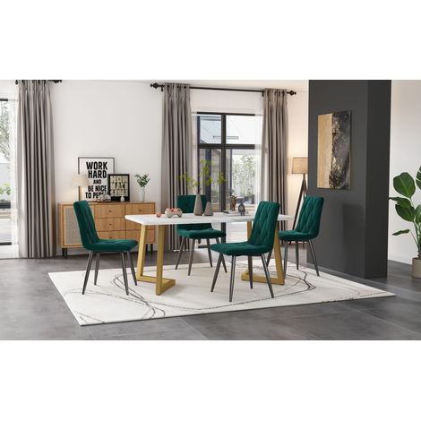 Ensemble salle à manger 117×68 cm avec 4 chaises velours sergé vert foncé,pieds de table dorés élégant pour la maison. (1/5)