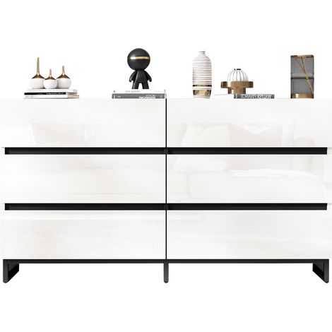 Buffet de salon blanc et noir avec 6 tiroirs, façades brillantes, pieds en métal, commode 140 x 39,5 x 78,5 cm (1/5)