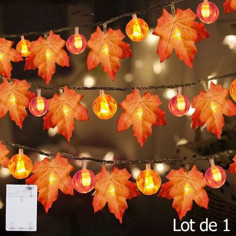 1 pièce Guirlande lumineuse feuille d'érable, 1,5 m avec citrouilles automnales, LED blanc chaud, décoration intérieure/extérieure Halloween et Thanksgiving