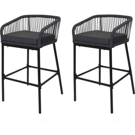 [NEUWERTIG] 2er-Set Rope-Barhocker HHG-994, Tresenhocker, Outdoor Sitzpolster Seilgeflecht Metall anthrazit, Kissen dunkelgrau