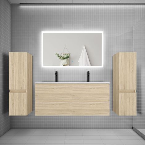 Ensemble meuble de salle de bains 120cm, double vasque + colonne + miroir rectangulaire,chêne (1/5)