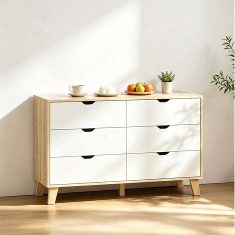 Cómoda de almacenaje con 6 cajones, blanco y roble, 120 x 40 x 76 cm (1/5)