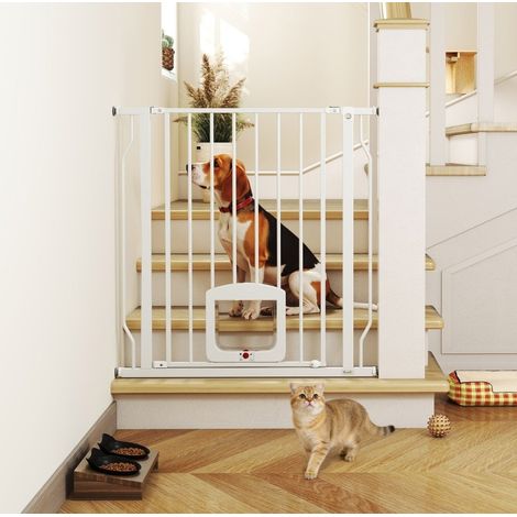 Sicherheitsgitter für Türen und Treppen mit Katzenklappe, 75–85 cm, Stahl, weiß OKMYHOME (1/5)