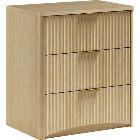 Table de nuit en chêne avec 3 tiroirs spacieux et poignées métalliques dorées (1/5)