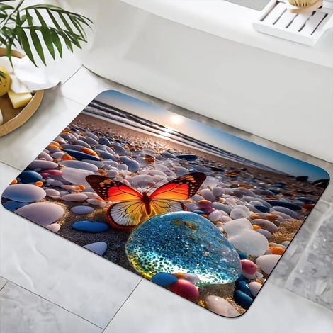 Tapis de bain antidérapant 40 x 60 cm - Lavable - Séchage rapide - Pour douche, baignoire, décoration WC (plage de sable 1) (1/5)