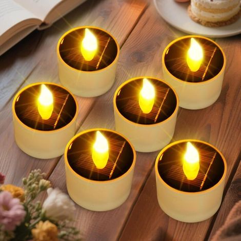 Lot de 6 bougies chauffe-plat solaires sans flamme, rechargeables, étanches, LED vacillantes, décoratives d'extérieur, lumière jaune chaude