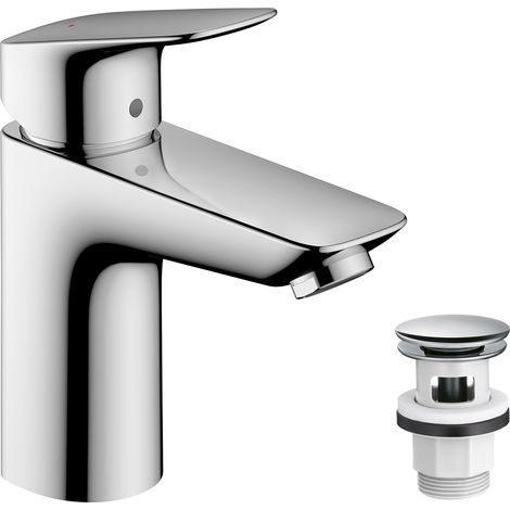 Mitigeur de lavabo avec vidage Push-Open, Robinet de salle de bain avec hauteur sous bec 93 mm, économie d'eau, Chromé, 71107000 (1/5)