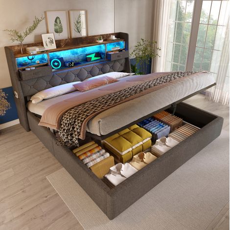 Bett mit Stauraum Leinen Grau 160x200 cm, LED-Kopfteil, USB/Type-C, inklusive Lattenrost (1/5)