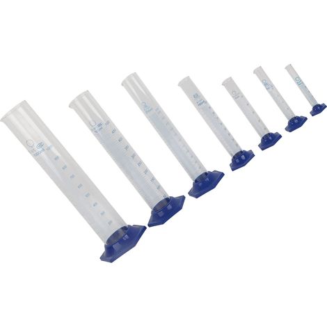 Jeux de cylindres gradués de laboratoire de 10 ml, 25 ml, 50 ml, 100 ml, 250 ml, 500 ml et 1000 ml. (1/5)