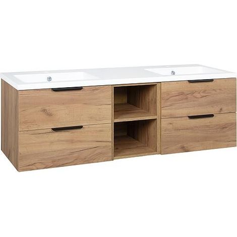 Meuble sous-vasque + lavabo en fonte minérale LOSSA 4 tiroirs + 2 Étagères ouvertes Chêne noueux Largeur 1550 mm (1/3)