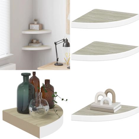 Eck-Schweberegale 2 Stk. Eichen-Optik und Weiß 35x35x3,8 cm MDF - Eckenregal - Wandregal - Holzregal - Regal Weiß - Regal Braun - Home & Living (1/5)
