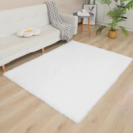 Tapis en peluche 160x200 cm – Moderne et moelleux, microfibre ultra-douce, adapté pour salon, chambre ou couloir, Blanc (1/5)