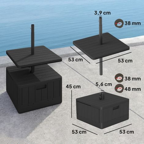 Pied de parasol carré HDPE noir à roues, remplissable eau/sable 53x53x45cm (1/5)
