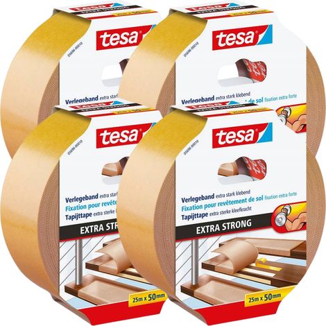 Cinta adhesiva para alfombras Tesa de doble cara extrafuerte, 25 m x 50 mm, muy resistente (x4)