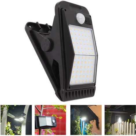 Lampe solaire à pince 72 LED pour cours extérieures, éclairage ultra-lumineux à détection de présence, applique murale pour terrasse de jardin, lumière blanche (1/5)