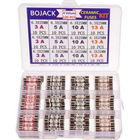 4 Valeurs 120 pièces 3 5 10 13 A ampère 240 V Volt Fiche secteur du ménage Fusible 6.3x25 mm 0.25x1Inch BS1362 Cartouche de tubes en céramique avec fusibles Kit d'assortiment