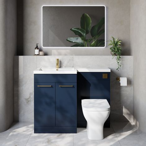 Napoli 460 Deep Blue 1100mm 2 Door Vanity Unit Toilet Suite with Left Hand Square Lucia Basin - 1100mm - Brushed Brass 160mm HandleWith Kingston Toilet Pan and Seat