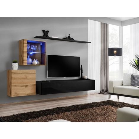 Ensemble mural - Switch XV - 2 vitrines - 1 banc TV - 2 étagères - Bois et noir - Modèle 1 - Livraison gratuite