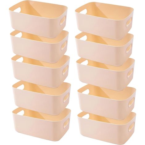 Boite Rangement Plastique,Boite de Rangement,Paniers et Boîtes de Rangement avec Poignées,Bac de Rangement Pour Cuisine,salle de bains,Bureau (Beige, 20×14.7×7cm/10 Pack)