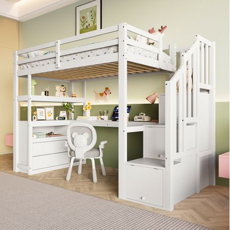 Lit mezzanine moderne en pin blanc 90x200 cm avec bureau, escalier de rangement, 2 tiroirs et étagères (1/5)