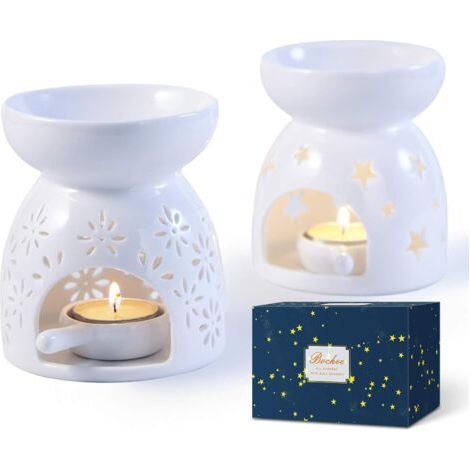 Bruleur Bougie en Céramique, Brûleur Tartelette, Set de 2 - Motif étoiles et Fleurs, Aromathérapie, Brûleur Huile Essentielle avec Porte-Bougie, pour Décoration Maison, Méditation, Idée Cadea (1/4)